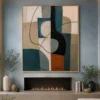 Modern Cubist abstract canvas wall art featuring a geometric vessel composition in teal, terracotta, olive, and beige tones.