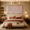 Landscape abstract canvas wall art featuring flowing marble-inspired swirls in terracotta, blush pink, powder blue, and cream with a retro modern aesthetic.