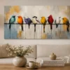 Colourful birds perched on a wire canvas wall art featuring textured palette-knife detailing for modern luxury interiors.