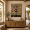 Traditional Indian Madhubani Tree of Life and Songbirds Canvas Wall Art featuring vibrant flowers and authentic Mithila folk painting details.