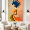 Luxury abstract woman canvas wall art featuring a contemporary female silhouette with a vibrant cobalt-blue hairstyle and expressive impressionist textures.
