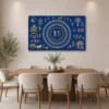 Luxury Warli tribal canvas wall art featuring traditional Tarpa dance, village life, white and gold folk illustrations on a royal indigo blue background.