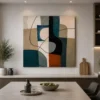 Modern Cubist abstract canvas wall art featuring a geometric vessel composition in teal, terracotta, olive, and beige tones.