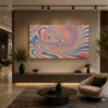 Landscape abstract canvas wall art featuring flowing marble-inspired swirls in terracotta, blush pink, powder blue, and cream with a retro modern aesthetic.