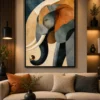 Luxury geometric elephant canvas wall art featuring textured cubist shapes in earthy terracotta, navy, charcoal, and sandstone tones.