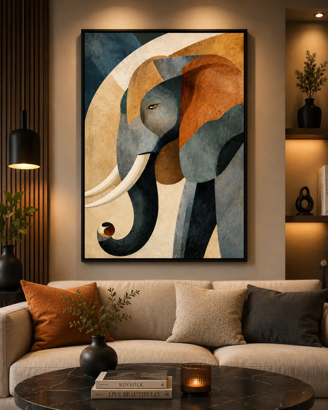 Luxury geometric elephant canvas wall art featuring textured cubist shapes in earthy terracotta, navy, charcoal, and sandstone tones.