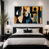 Luxury geometric Cubist canvas wall art featuring layered abstract shapes in charcoal, navy, ochre, and sandstone tones for executive offices and modern interiors.