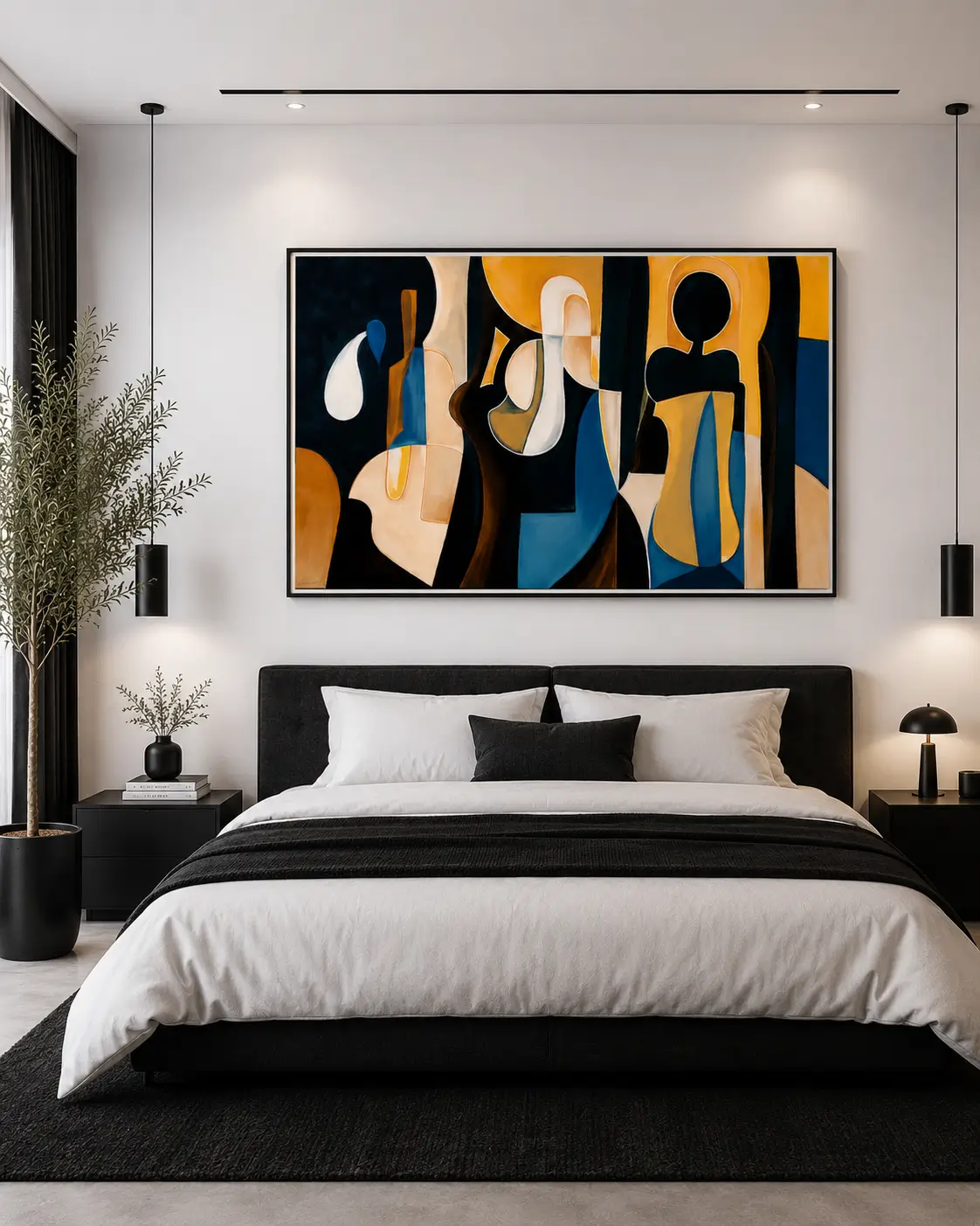 Luxury geometric Cubist canvas wall art featuring layered abstract shapes in charcoal, navy, ochre, and sandstone tones for executive offices and modern interiors.
