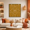 Luxury Warli tribal canvas wall art featuring a traditional Tarpa dance, village scenes, and white folk illustrations on a mustard-ochre background with a natural wood frame.
