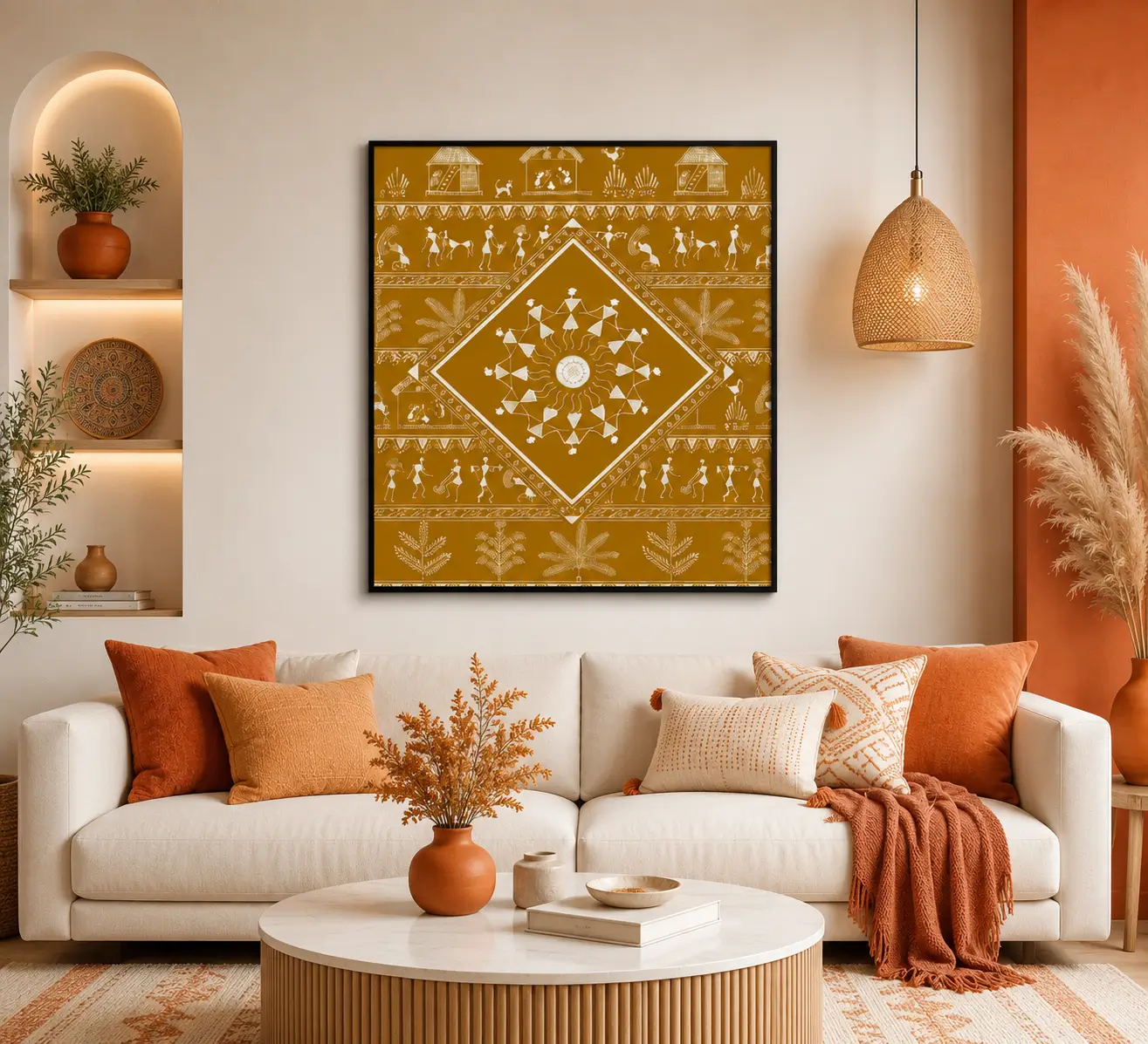 Luxury Warli tribal canvas wall art featuring a traditional Tarpa dance, village scenes, and white folk illustrations on a mustard-ochre background with a natural wood frame.