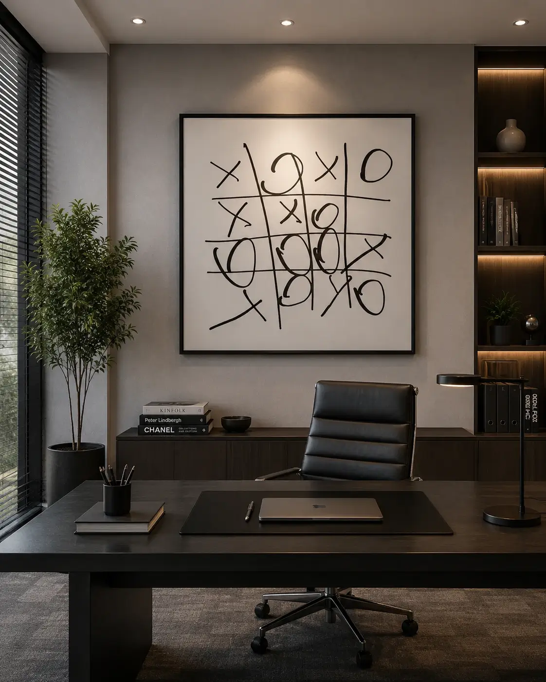 Modern black and cream abstract tic-tac-toe inspired canvas wall art with expressive brushstrokes for contemporary interiors.