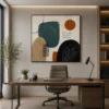Modern earth-tone abstract canvas wall art featuring teal, terracotta, charcoal, and cream geometric organic shapes in a Mid-Century Modern style.
