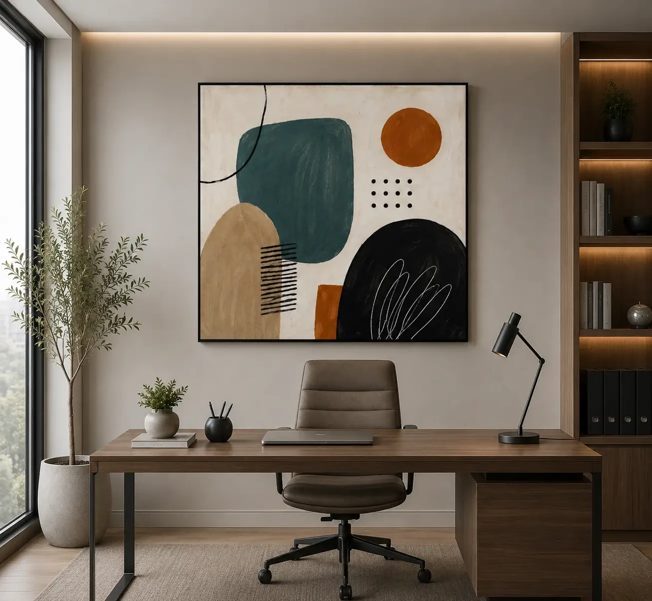 Modern earth-tone abstract canvas wall art featuring teal, terracotta, charcoal, and cream geometric organic shapes in a Mid-Century Modern style.