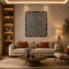 Square black and white optical illusion canvas wall art featuring a hypnotic concentric spiral vortex in a minimalist contemporary design.