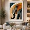 Luxury geometric elephant canvas wall art featuring textured cubist shapes in earthy terracotta, navy, charcoal, and sandstone tones.