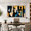 Luxury geometric Cubist canvas wall art featuring layered abstract shapes in charcoal, navy, ochre, and sandstone tones for executive offices and modern interiors.