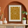 Luxury Warli tribal canvas wall art featuring a traditional Tarpa dance, village scenes, and white folk illustrations on a mustard-ochre background with a natural wood frame.