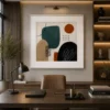 Modern earth-tone abstract canvas wall art featuring teal, terracotta, charcoal, and cream geometric organic shapes in a Mid-Century Modern style.