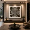 Square black and white optical illusion canvas wall art featuring a hypnotic concentric spiral vortex in a minimalist contemporary design.