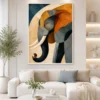 Luxury geometric elephant canvas wall art featuring textured cubist shapes in earthy terracotta, navy, charcoal, and sandstone tones.