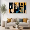 Luxury geometric Cubist canvas wall art featuring layered abstract shapes in charcoal, navy, ochre, and sandstone tones for executive offices and modern interiors.