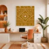 Luxury Warli tribal canvas wall art featuring a traditional Tarpa dance, village scenes, and white folk illustrations on a mustard-ochre background with a natural wood frame.