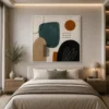 Modern earth-tone abstract canvas wall art featuring teal, terracotta, charcoal, and cream geometric organic shapes in a Mid-Century Modern style.