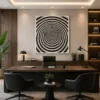 Square black and white optical illusion canvas wall art featuring a hypnotic concentric spiral vortex in a minimalist contemporary design.