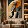 Luxury geometric elephant canvas wall art featuring textured cubist shapes in earthy terracotta, navy, charcoal, and sandstone tones.