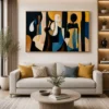 Luxury geometric Cubist canvas wall art featuring layered abstract shapes in charcoal, navy, ochre, and sandstone tones for executive offices and modern interiors.