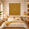 Luxury Warli tribal canvas wall art featuring a traditional Tarpa dance, village scenes, and white folk illustrations on a mustard-ochre background with a natural wood frame.