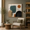 Modern earth-tone abstract canvas wall art featuring teal, terracotta, charcoal, and cream geometric organic shapes in a Mid-Century Modern style.