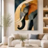 Luxury geometric elephant canvas wall art featuring textured cubist shapes in earthy terracotta, navy, charcoal, and sandstone tones.