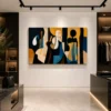 Luxury geometric Cubist canvas wall art featuring layered abstract shapes in charcoal, navy, ochre, and sandstone tones for executive offices and modern interiors.