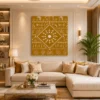 Luxury Warli tribal canvas wall art featuring a traditional Tarpa dance, village scenes, and white folk illustrations on a mustard-ochre background with a natural wood frame.