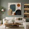 Modern earth-tone abstract canvas wall art featuring teal, terracotta, charcoal, and cream geometric organic shapes in a Mid-Century Modern style.