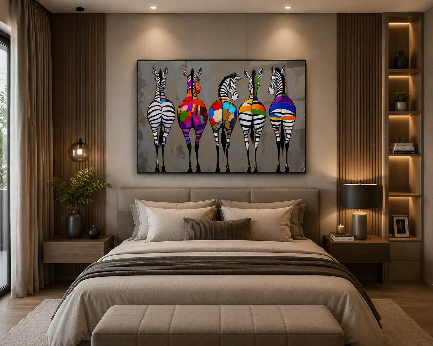 Luxury contemporary zebra canvas wall art featuring colourful patchwork stripes on a textured charcoal background.