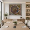 Traditional Indian Madhubani Tree of Life and Twin Royal Peacocks premium canvas wall art with lotus blossoms and authentic Mithila folk painting details.