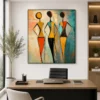 Luxury African tribal figures canvas wall art featuring three colourful silhouettes with textured contemporary backgrounds and geometric traditional garments.