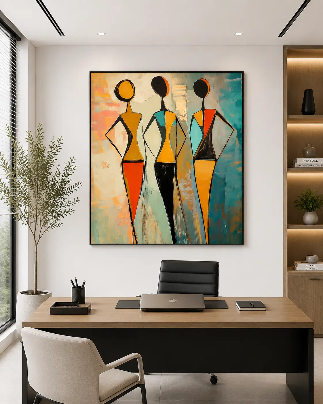 Luxury African tribal figures canvas wall art featuring three colourful silhouettes with textured contemporary backgrounds and geometric traditional garments.