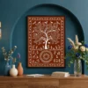 Luxury Warli Tree of Life canvas wall art featuring white tribal illustrations of birds, deer, village life, and a sacred tree on a terracotta background with a dark gallery frame.