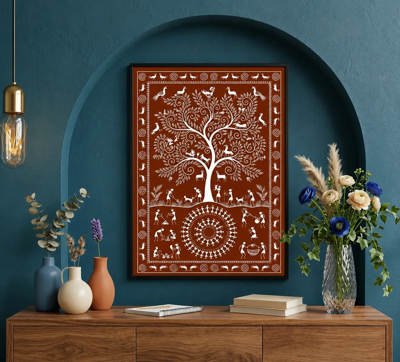 Luxury Warli Tree of Life canvas wall art featuring white tribal illustrations of birds, deer, village life, and a sacred tree on a terracotta background with a dark gallery frame.