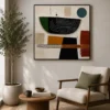 Mid-century modern abstract canvas wall art featuring geometric earth-tone shapes in terracotta, forest green, ochre, charcoal, and cream.