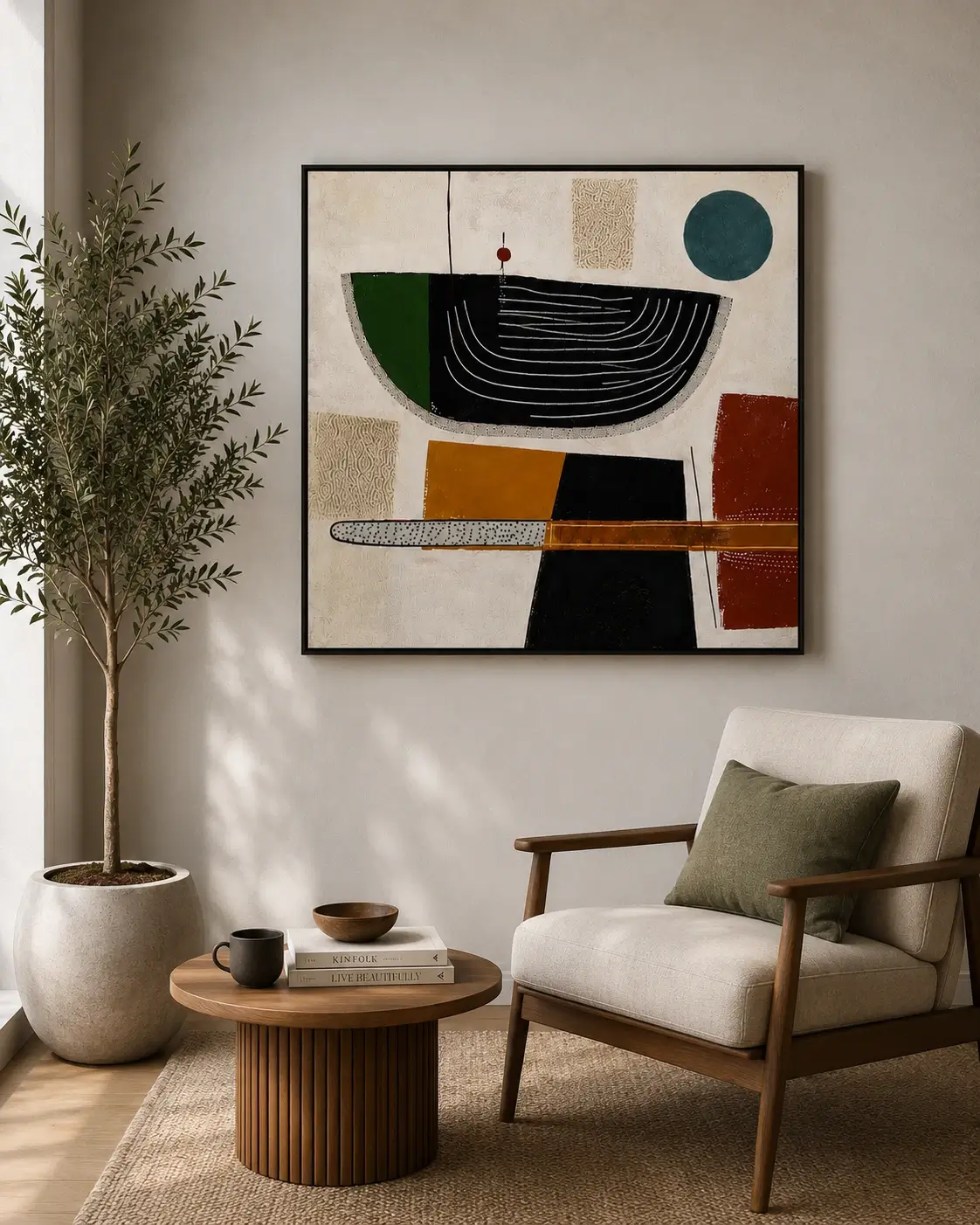 Mid-century modern abstract canvas wall art featuring geometric earth-tone shapes in terracotta, forest green, ochre, charcoal, and cream.