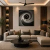 Luxury monochrome abstract canvas wall art featuring a hypnotic spiral vortex in charcoal, graphite, grey, and white with a contemporary minimalist design.