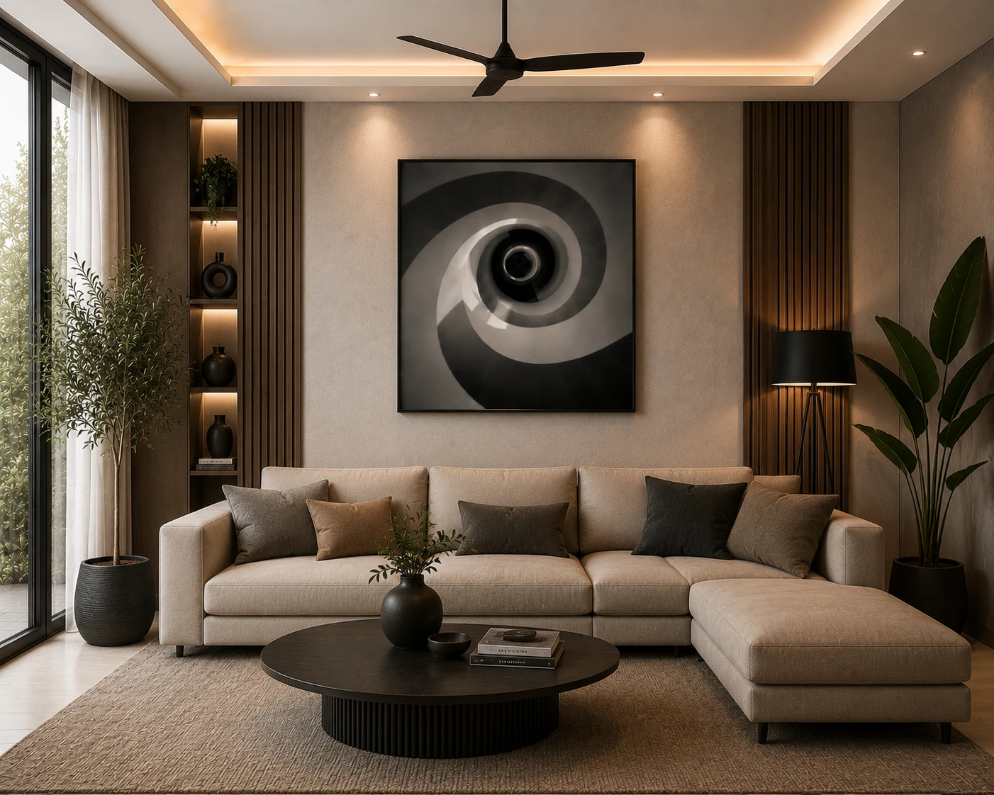Luxury monochrome abstract canvas wall art featuring a hypnotic spiral vortex in charcoal, graphite, grey, and white with a contemporary minimalist design.