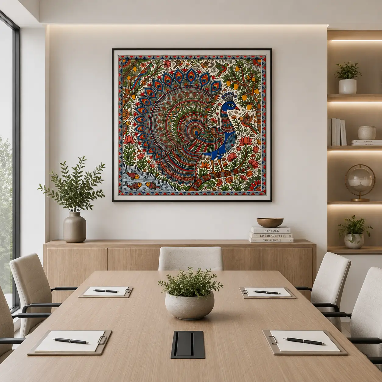 Traditional Indian Madhubani Tree of Life and Twin Royal Peacocks premium canvas wall art with lotus blossoms and authentic Mithila folk painting details.