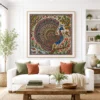 Traditional Indian Madhubani Tree of Life and Twin Royal Peacocks premium canvas wall art with lotus blossoms and authentic Mithila folk painting details.