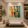 Luxury African tribal figures canvas wall art featuring three colourful silhouettes with textured contemporary backgrounds and geometric traditional garments.
