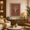 Luxury Warli Tree of Life canvas wall art featuring white tribal illustrations of birds, deer, village life, and a sacred tree on a terracotta background with a dark gallery frame.